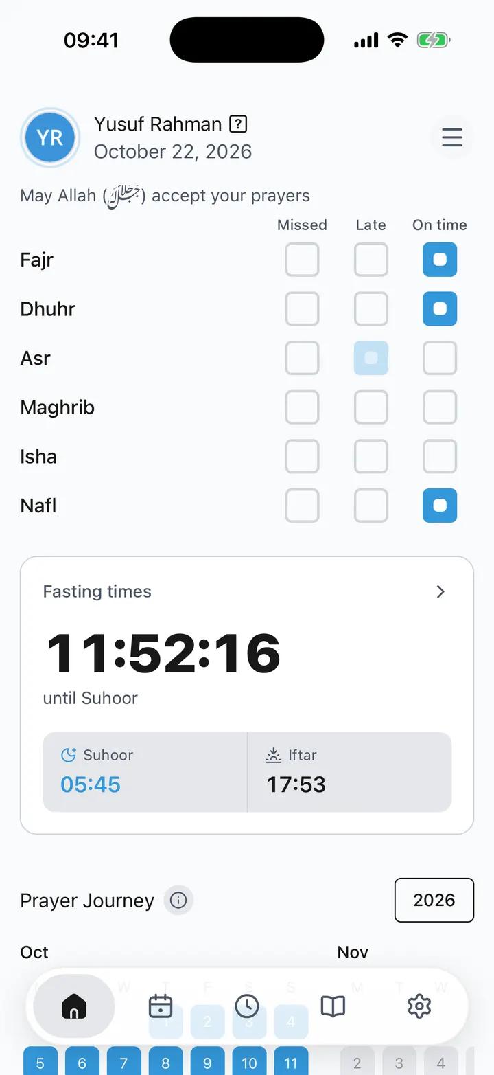 Private Prayer Tracker in Noor on an iPhone 17 Pro Max