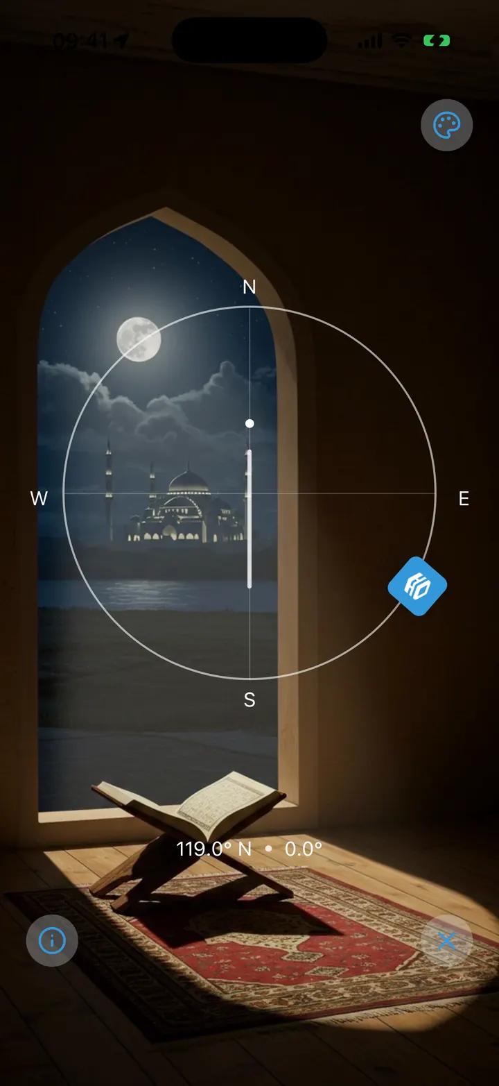 Qibla Compass in Noor on an iPhone 17 Pro Max