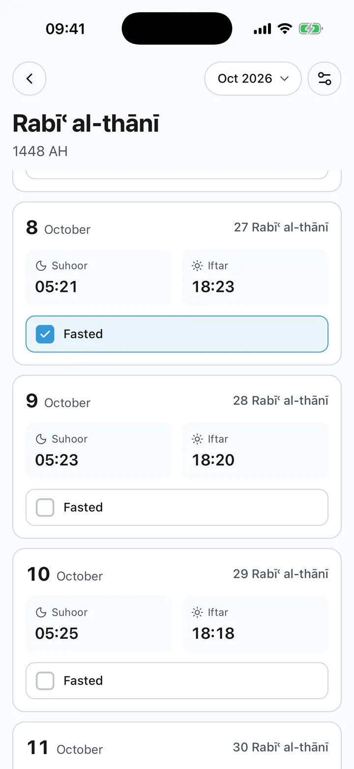 Ramadan Calendar, Suhoor and Iftar in Noor on an iPhone 17 Pro Max