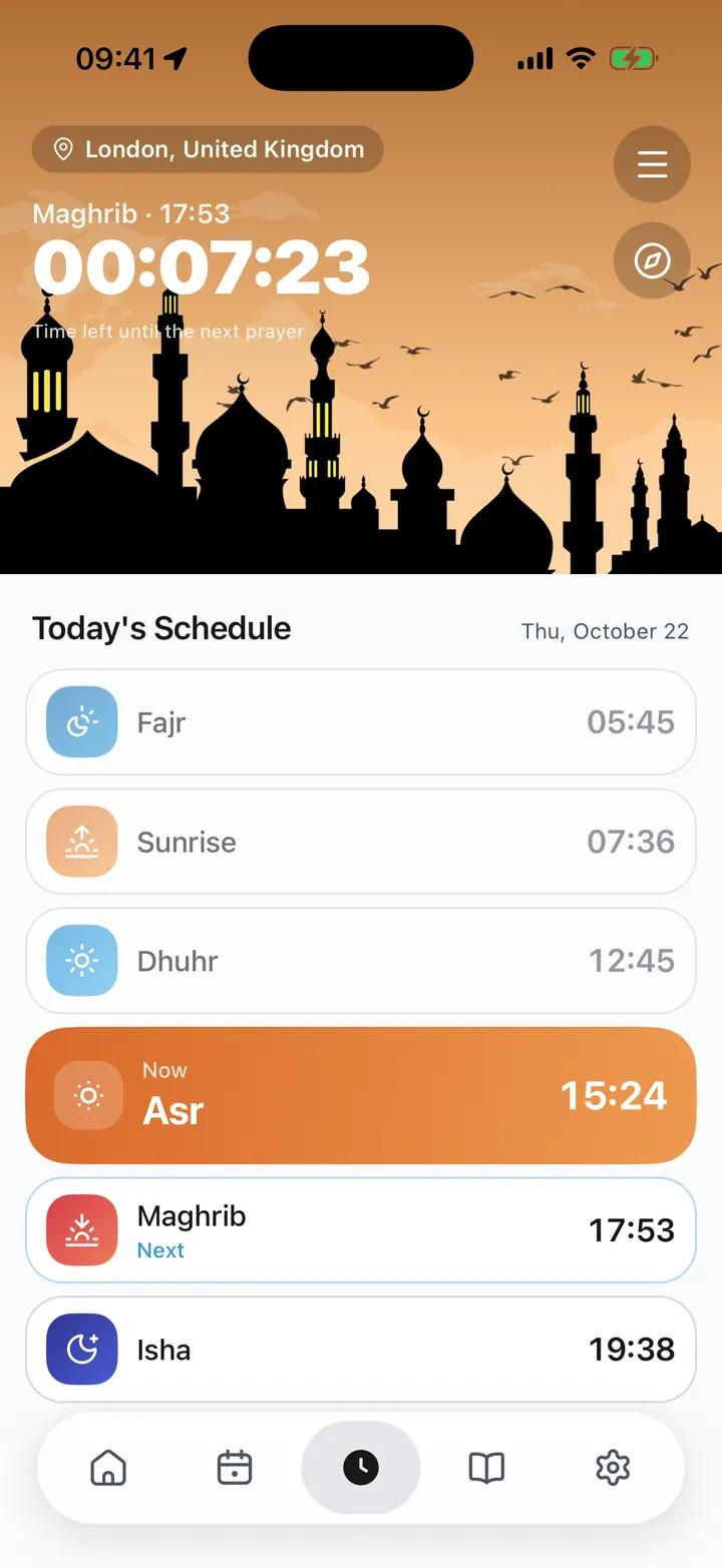 Noor prayer times with a live countdown to the next prayer