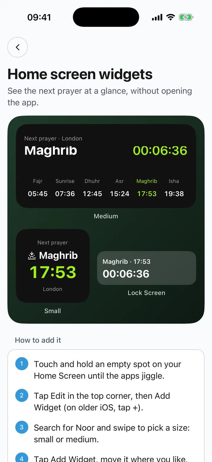 Prayer Time Widgets in Noor on an iPhone 17 Pro Max